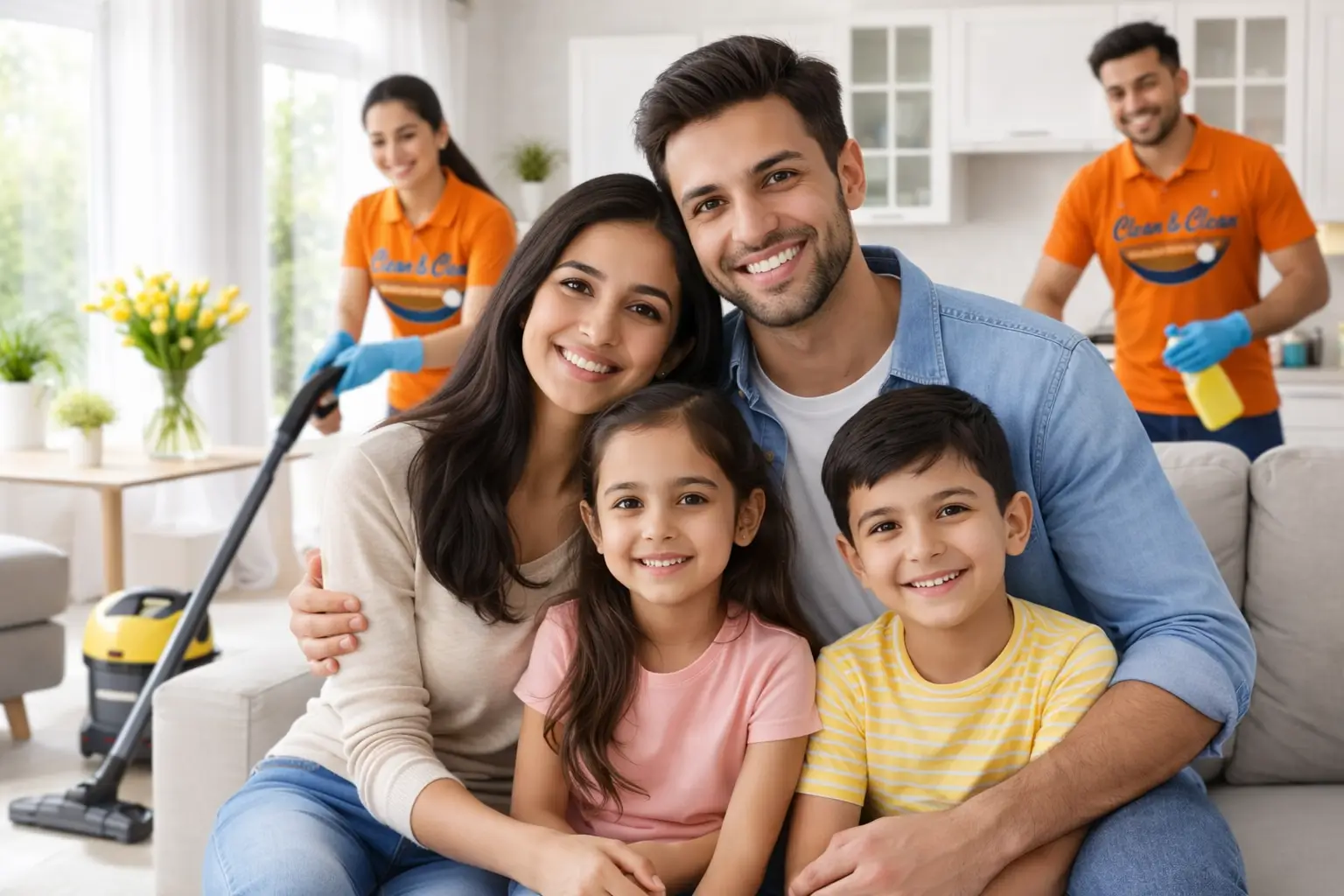 Family portrait with cleaning services in background